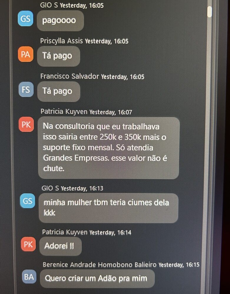 Chat da imersão: na consultoria que eu trabalhava isso sairia entre 250 mil e 350 mil mais suporte fixo mensal, esse valor não é chute