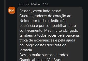 Chat da imersão: agradecimento ao Nelmo por toda a dedicação, paciência e conhecimento nesses dois dias de jornada